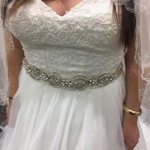 Scalloped Beaded Satin Sash Ivory David's Bridal